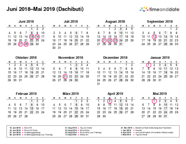Kalender für 2018 in Dschibuti