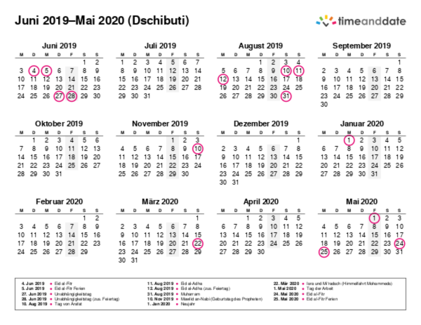 Kalender für 2019 in Dschibuti