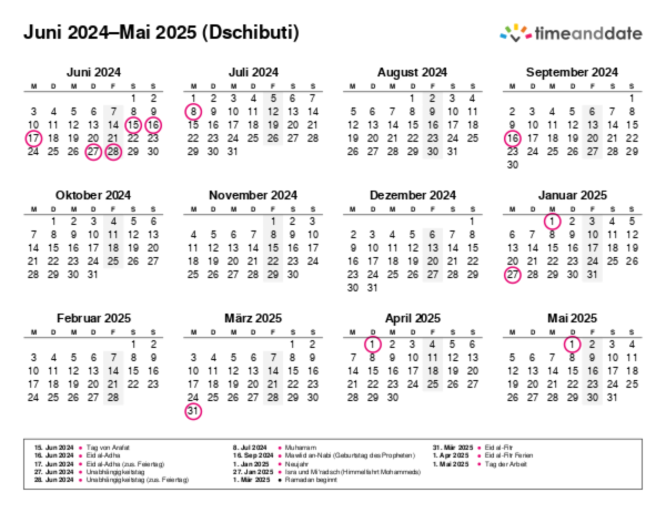 Kalender für 2024 in Dschibuti