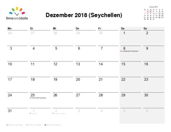 Kalender für 2018 in Seychellen