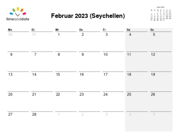 Kalender für 2023 in Seychellen