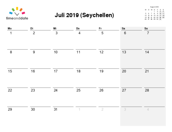 Kalender für 2019 in Seychellen
