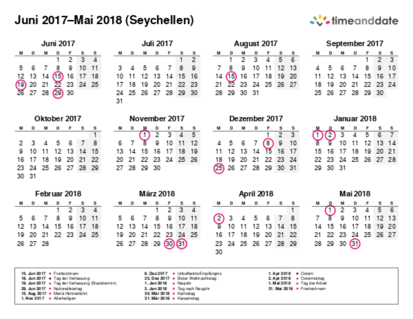 Kalender für 2017 in Seychellen