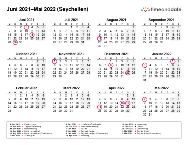 Kalender für 2021 in Seychellen