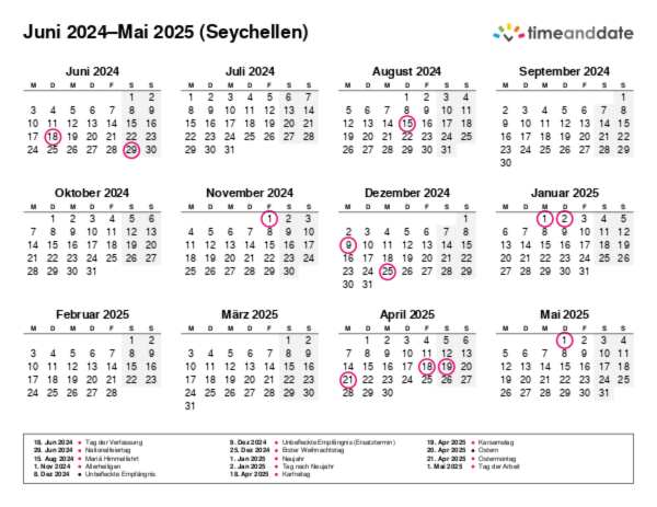 Kalender für 2024 in Seychellen