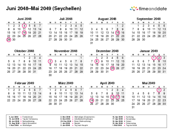 Kalender für 2048 in Seychellen