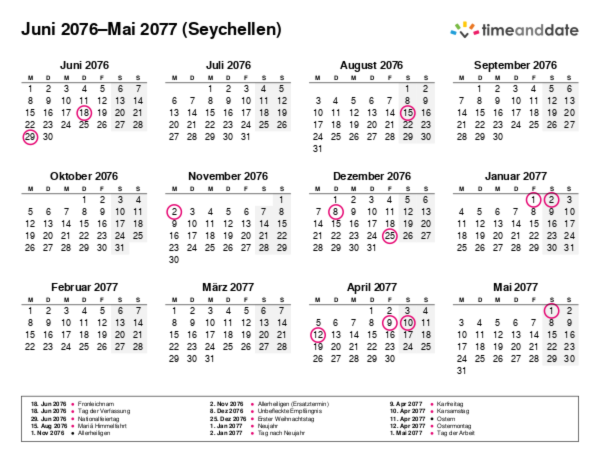 Kalender für 2076 in Seychellen