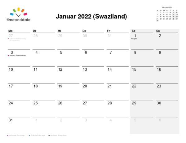 Kalender für 2022 in Swaziland