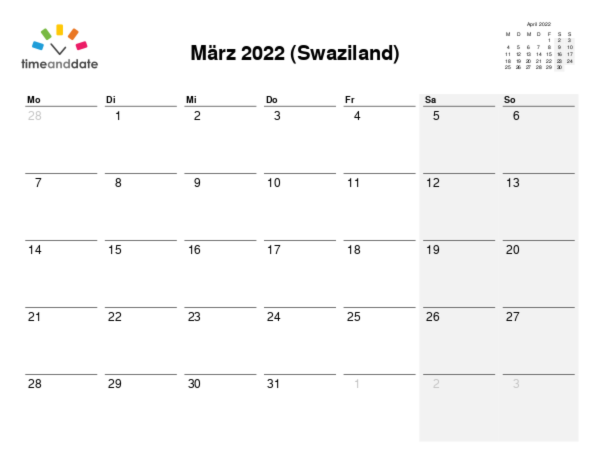 Kalender für 2022 in Swaziland