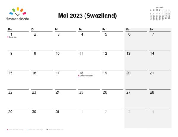 Kalender für 2023 in Swaziland