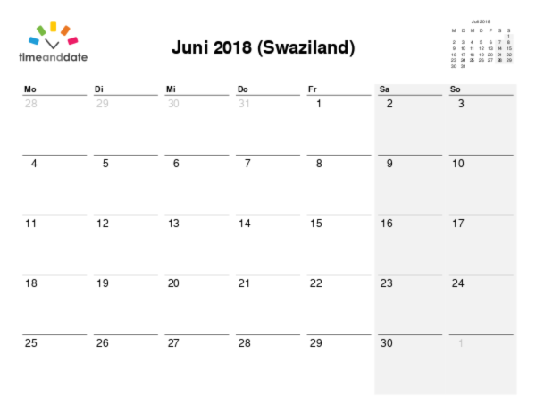 Kalender für 2018 in Swaziland