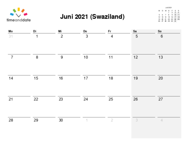 Kalender für 2021 in Swaziland