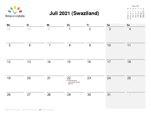 Kalender für 2021 in Swaziland