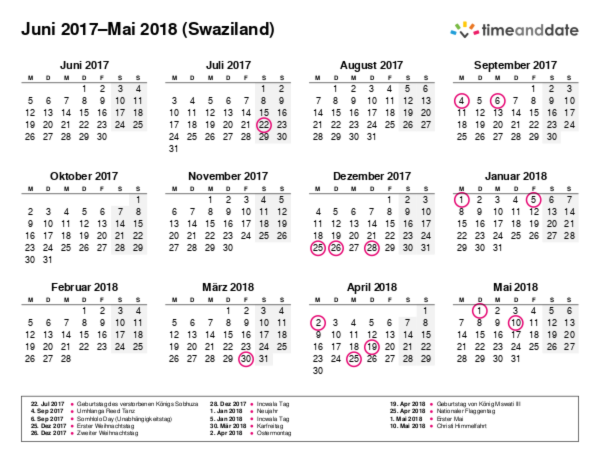 Kalender für 2017 in Swaziland