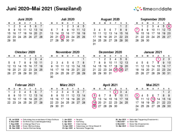 Kalender für 2020 in Swaziland