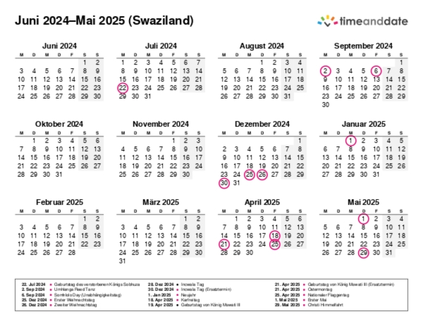Kalender für 2024 in Swaziland