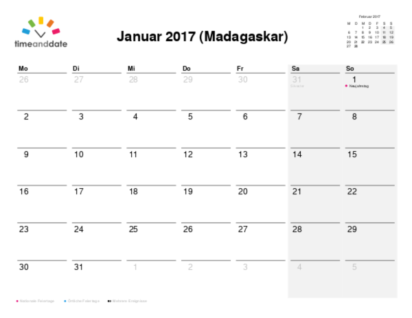 Kalender für 2017 in Madagaskar