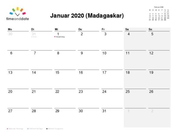 Kalender für 2020 in Madagaskar