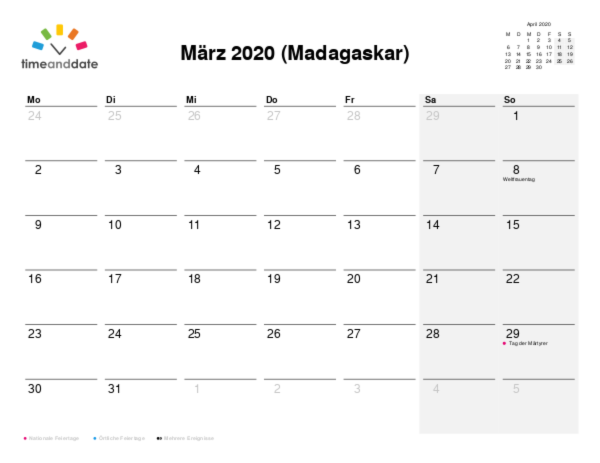 Kalender für 2020 in Madagaskar
