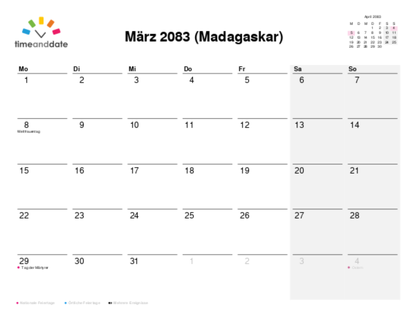 Kalender für 2083 in Madagaskar