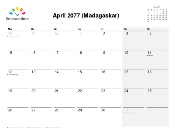 Kalender für 2077 in Madagaskar