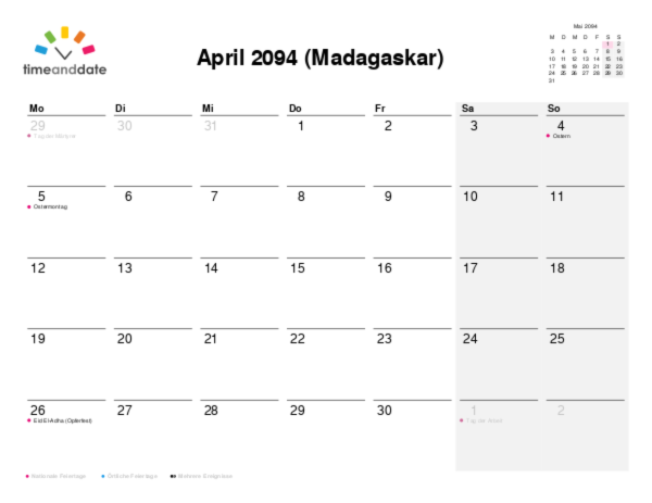Kalender für 2094 in Madagaskar