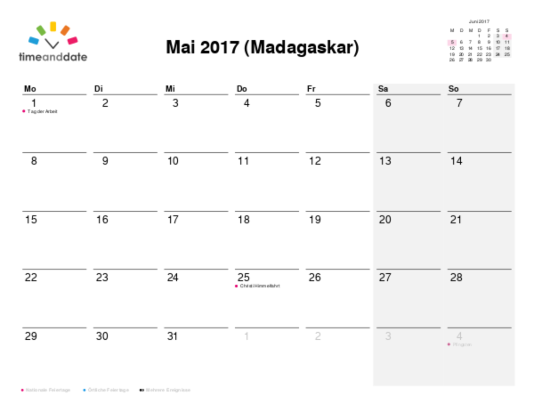 Kalender für 2017 in Madagaskar