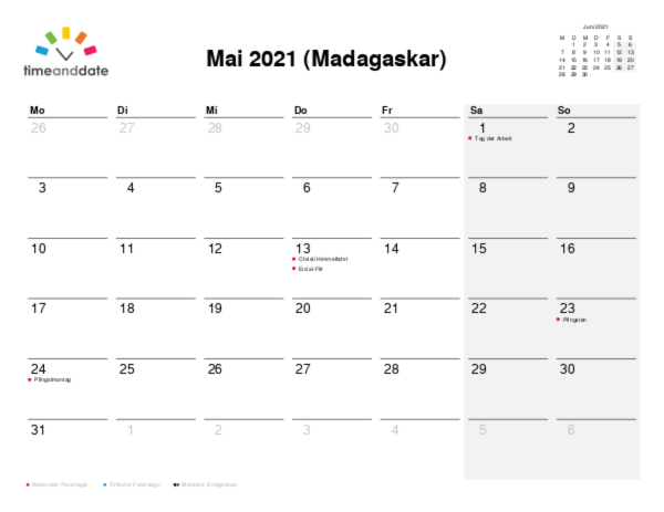 Kalender für 2021 in Madagaskar
