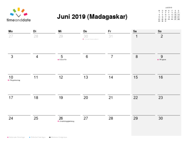 Kalender für 2019 in Madagaskar