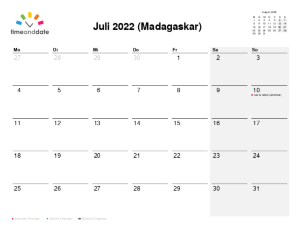 Kalender für 2022 in Madagaskar