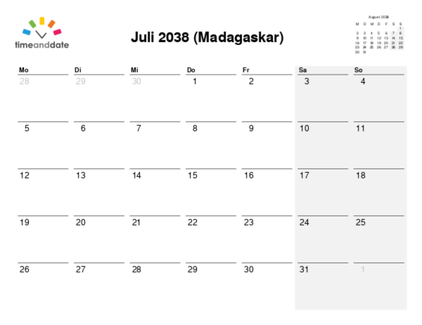 Kalender für 2038 in Madagaskar