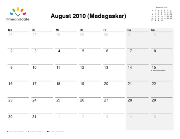 Kalender für 2010 in Madagaskar