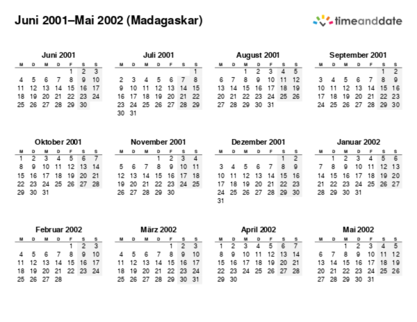 Kalender für 2001 in Madagaskar