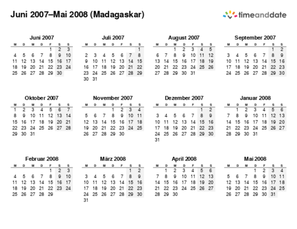 Kalender für 2007 in Madagaskar