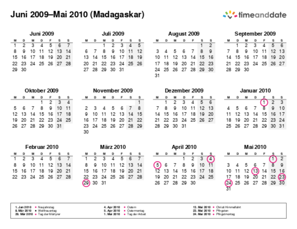 Kalender für 2009 in Madagaskar