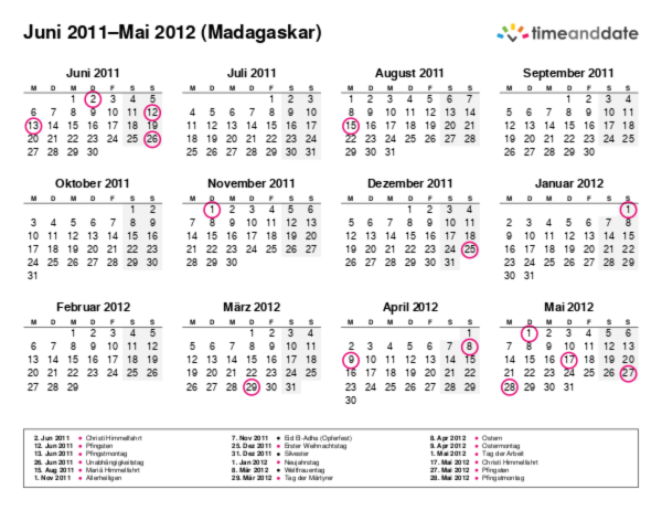 Kalender für 2011 in Madagaskar