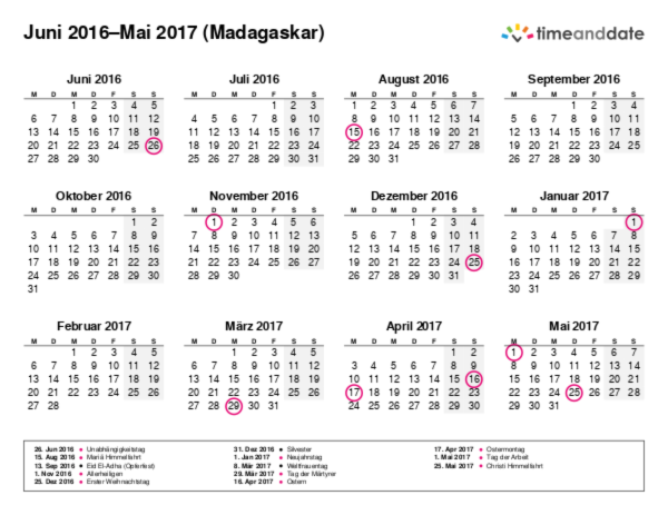 Kalender für 2016 in Madagaskar