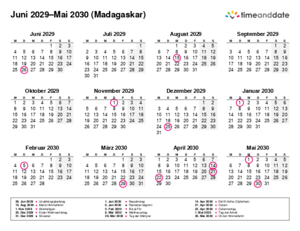 Kalender für 2029 in Madagaskar