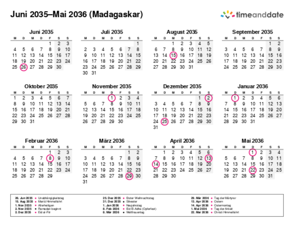 Kalender für 2035 in Madagaskar