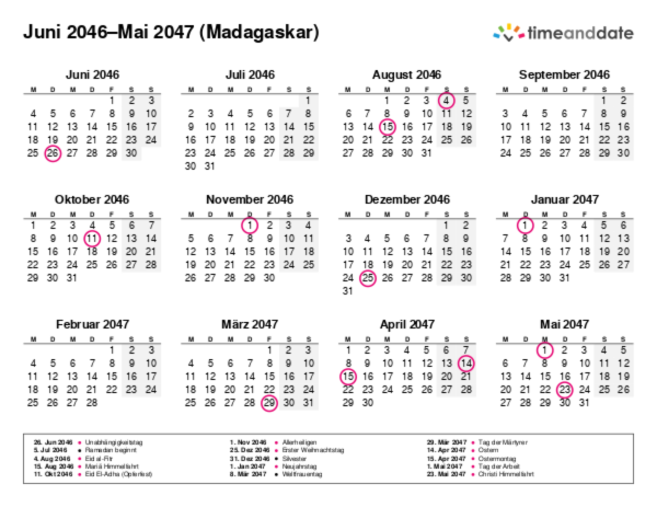 Kalender für 2046 in Madagaskar