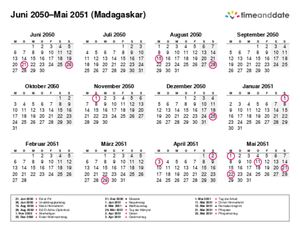 Kalender für 2050 in Madagaskar