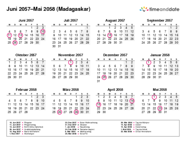 Kalender für 2057 in Madagaskar