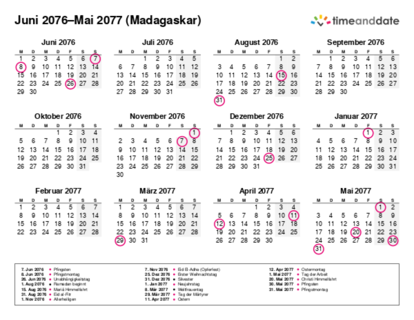 Kalender für 2076 in Madagaskar