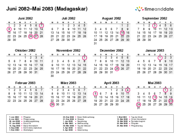 Kalender für 2082 in Madagaskar