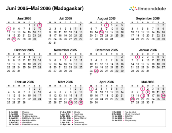Kalender für 2085 in Madagaskar