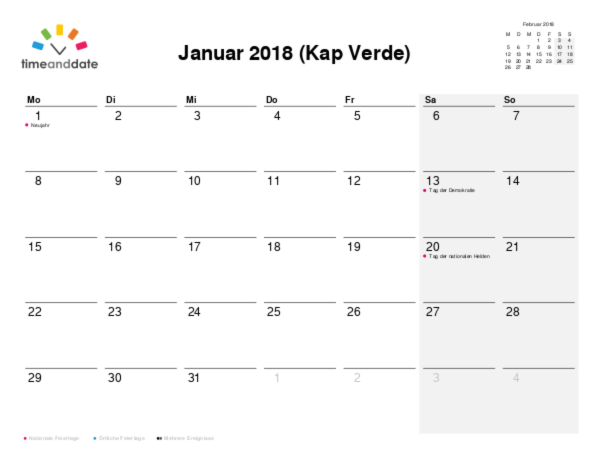 Kalender für 2018 in Kap Verde