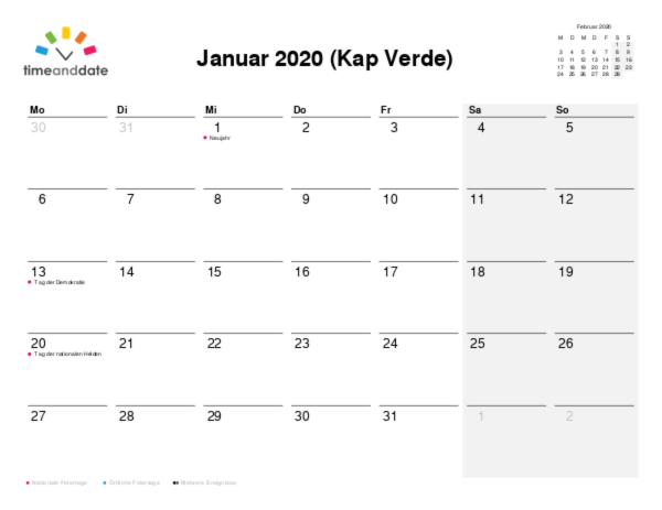 Kalender für 2020 in Kap Verde