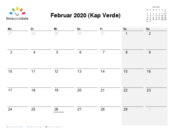 Kalender für 2020 in Kap Verde