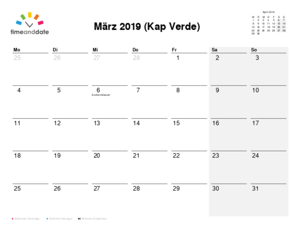 Kalender für 2019 in Kap Verde