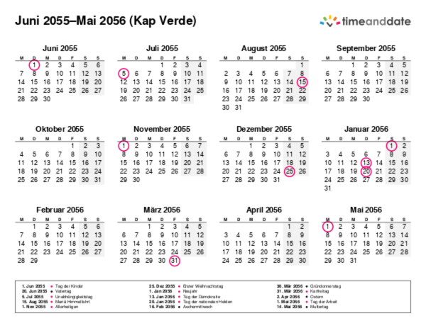 Kalender für 2055 in Kap Verde
